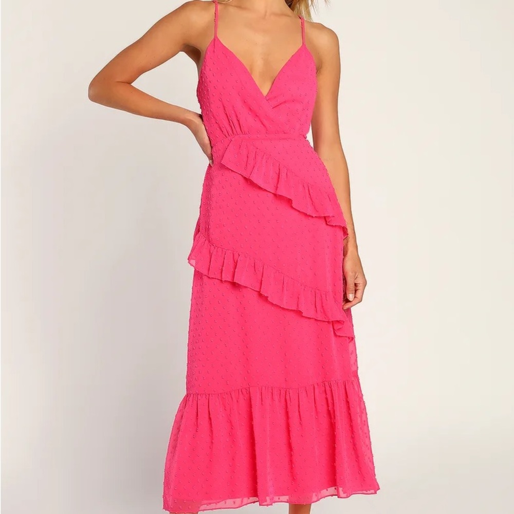 Lulu’s Cheers to Me Hot Pink Swiss Dot Tiered Ruffled Midi Dress